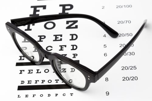 Reading glasses with eye chart isolated on white.