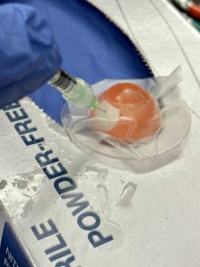 needle injecting into artificial eye