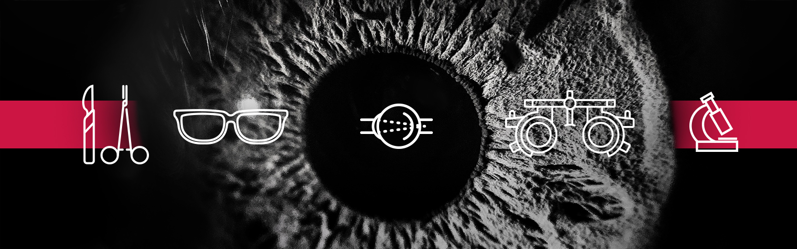 Black and white iris image featuring icons of glasses, surgical tools, a phoropter, and a microscope representing Ophthalmology and Visual Sciences' focus on education, research, and patient care